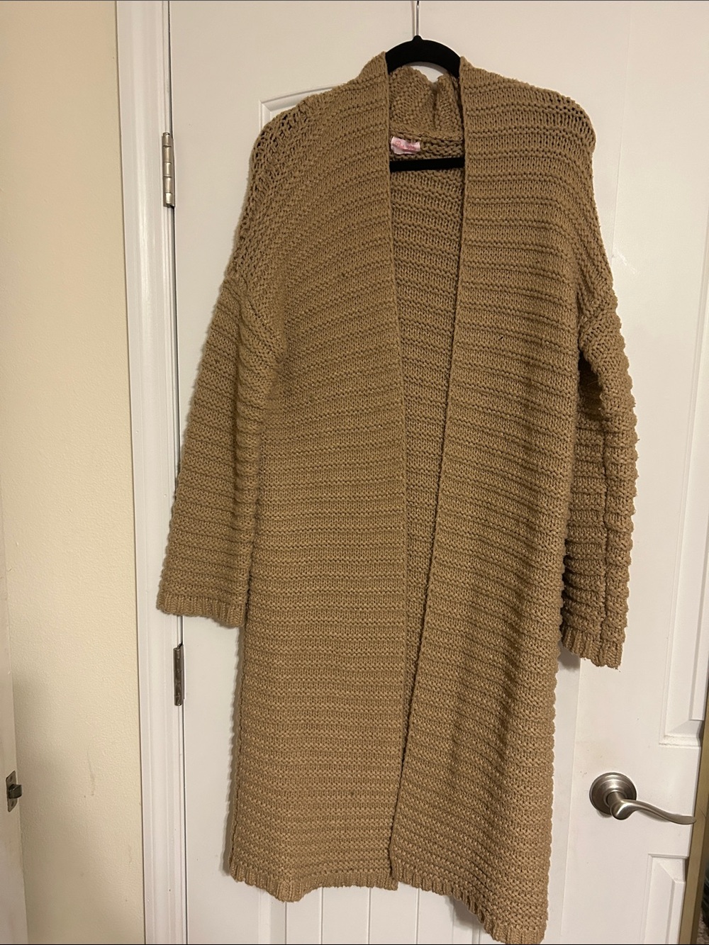 Pink Lily Long Open-Front Knit Cardigan in Camel